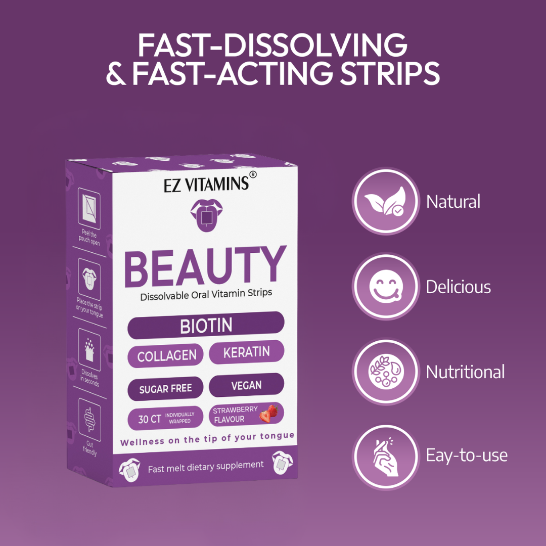 EZ VITAMINS Beauty Strips – Biotin + Collagen for Hair, Skin & Nails (30 Strips)